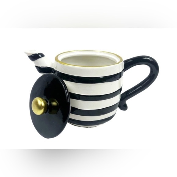 Black white ivory striped black lidded ceramic‎ Tea Pot with gold accents mew - Picture 1 of 9